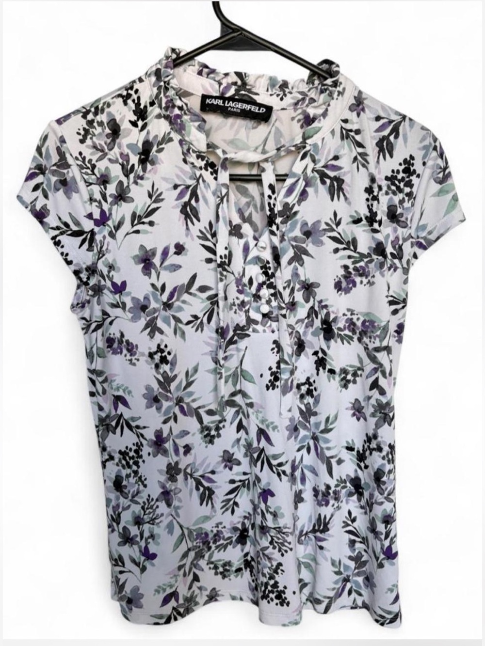 Karl Lagerfeld White Floral Tie-Neck Blouse with Purple Accents